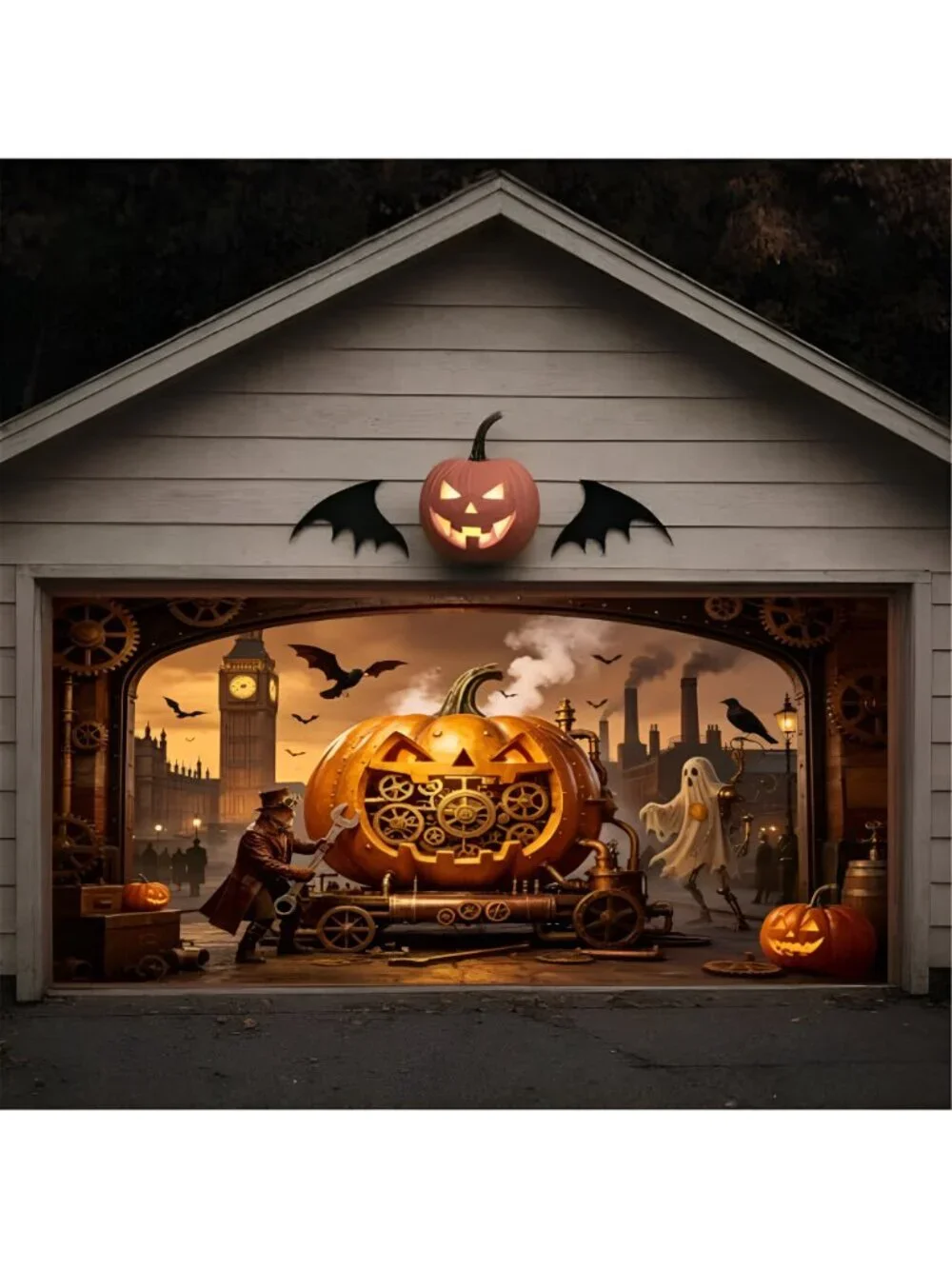 Halloween Garage Door Cover Decorations 13x6 Ft, Steampunk Mechanical Pumpkin